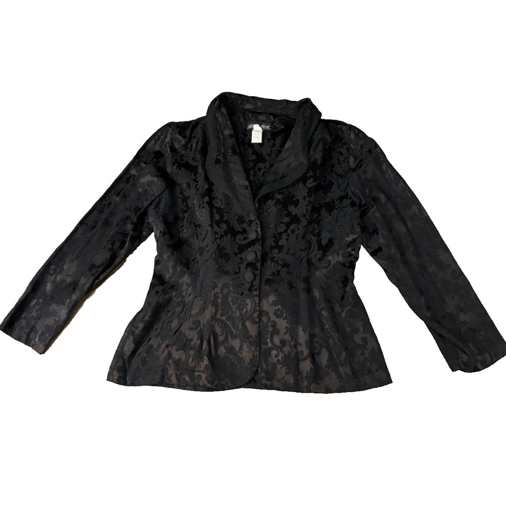 VTG 90s Jaclyn Hart Black Damask Floral Blazer Tie Back Made USA 14 CorpGoth